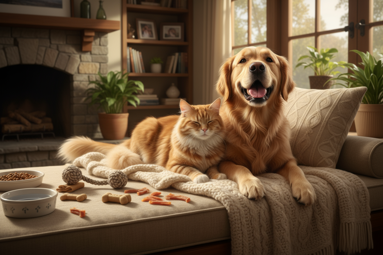 A happy dog and cat sitting together on a cozy blanket, surrounded by treats and toys, bright warm lighting, professional home setting.