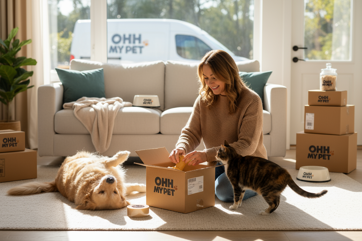 A warm, inviting scene showing a happy pet owner gently caring for their joyful dog and cat at home. The setting is cozy and bright, filled with soft natural light and subtle pet accessories branded with “OHH MY PET.” The image conveys trust, care, and premium quality — with the owner lovingly packing a pet product box for delivery. Include subtle symbols of secure shipping like a sealed package and delivery van in the background. Overall mood: friendly, trustworthy, and heartwarming 🐾❤️🤝🛍️🚚🐶🐱.