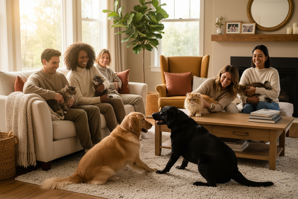 Pet owners smiling with their dogs and cats, cozy home environment, pets playing nearby, warm and inviting atmosphere.