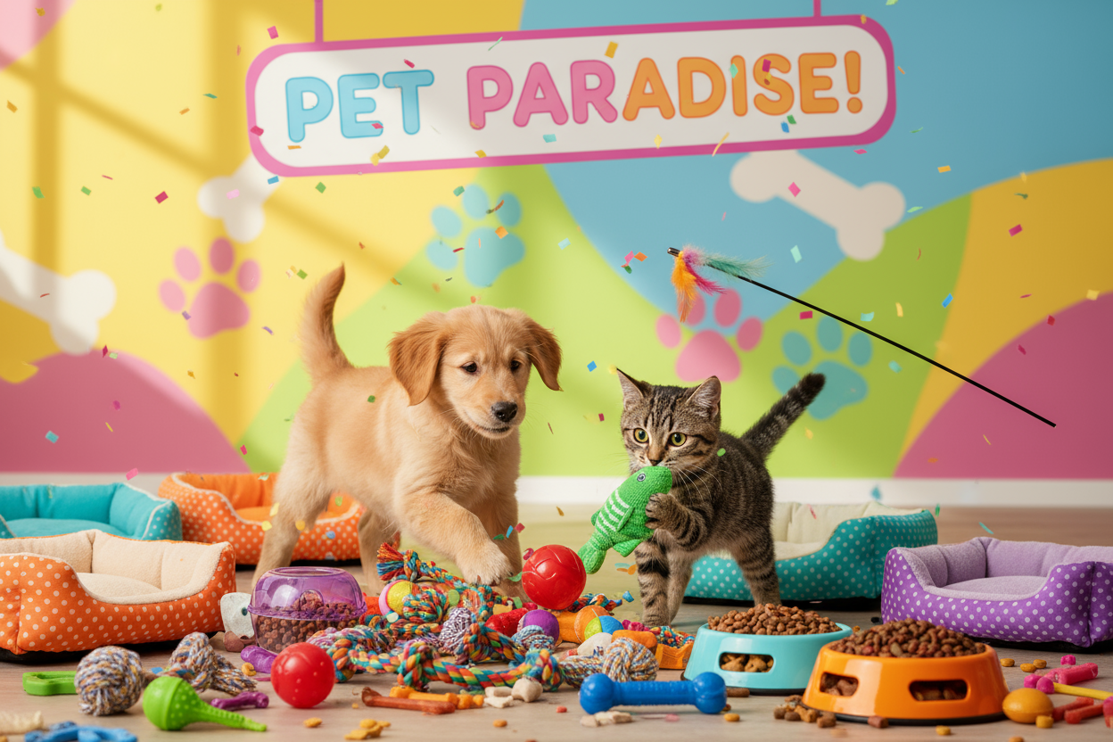 Playful dog and curious cat exploring colorful assortment of toys, treats, beds; bright and cheerful background, fun & lively atmosphere.